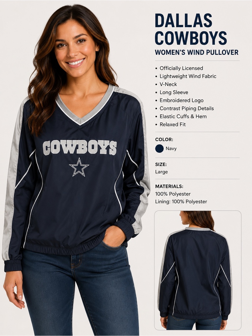 NFL Dallas Cowboys Navy and Silver Women's Wind Pullover